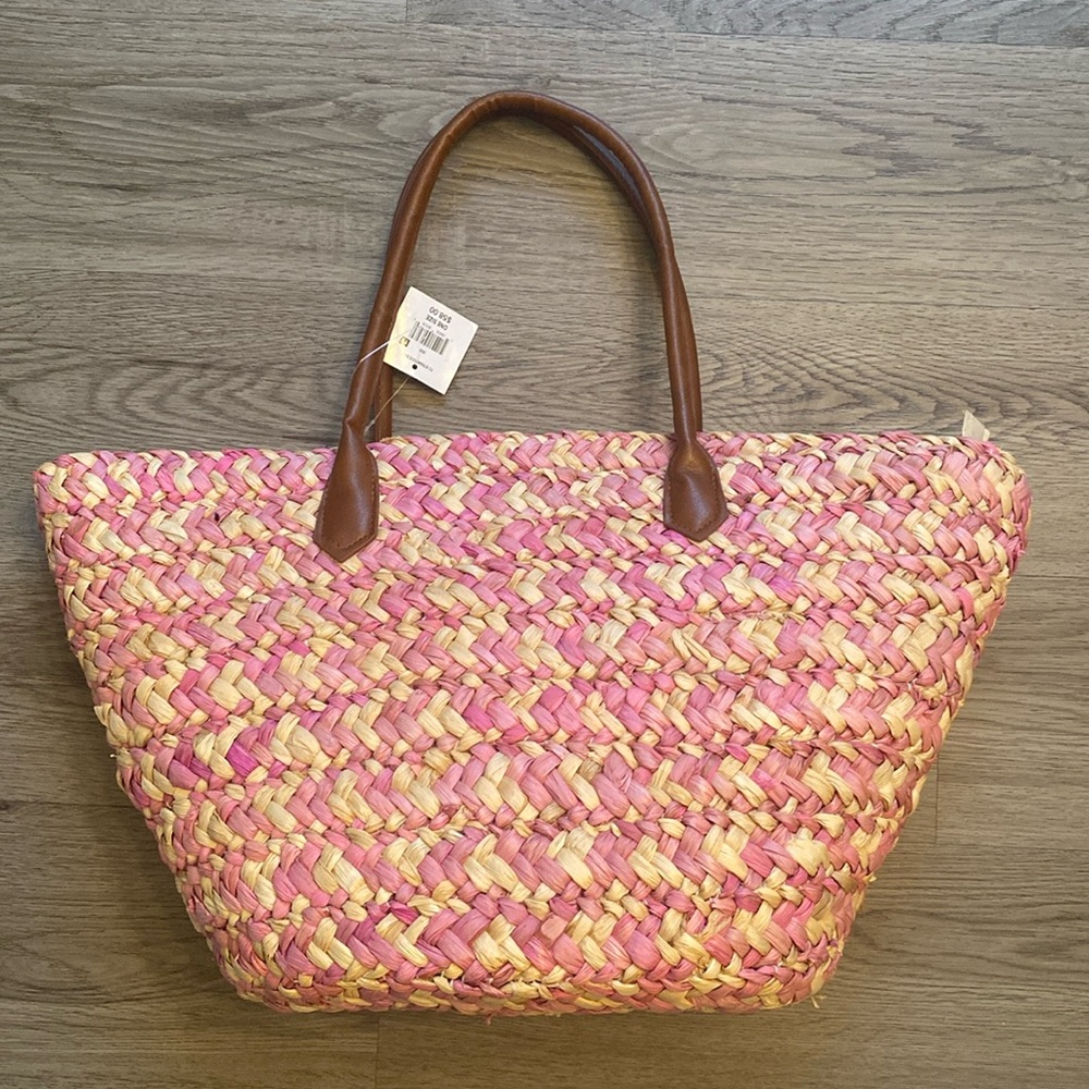 Falls Creek Cream & Pink Straw Tote Bag One Size Beach Everyday Purse